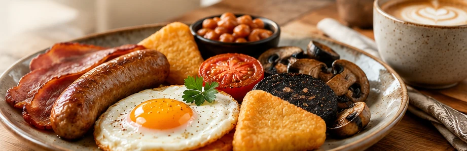 A freshly cooked farmhouse breakfast served with coffee