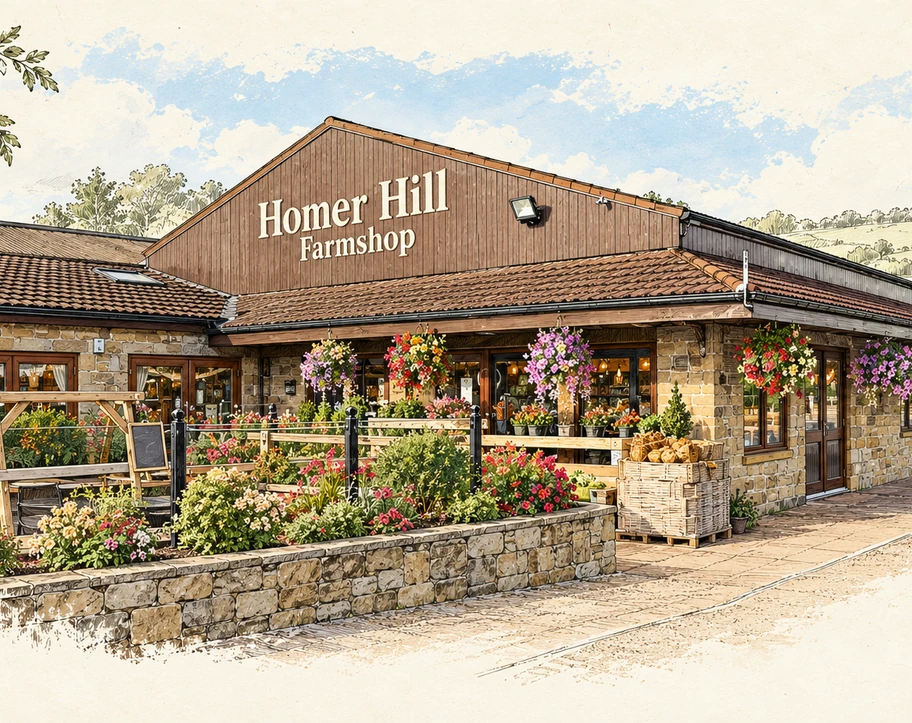 Illustrated view of the real Homer Hill Farmshop exterior, with stonework, hanging flower baskets and country scenery