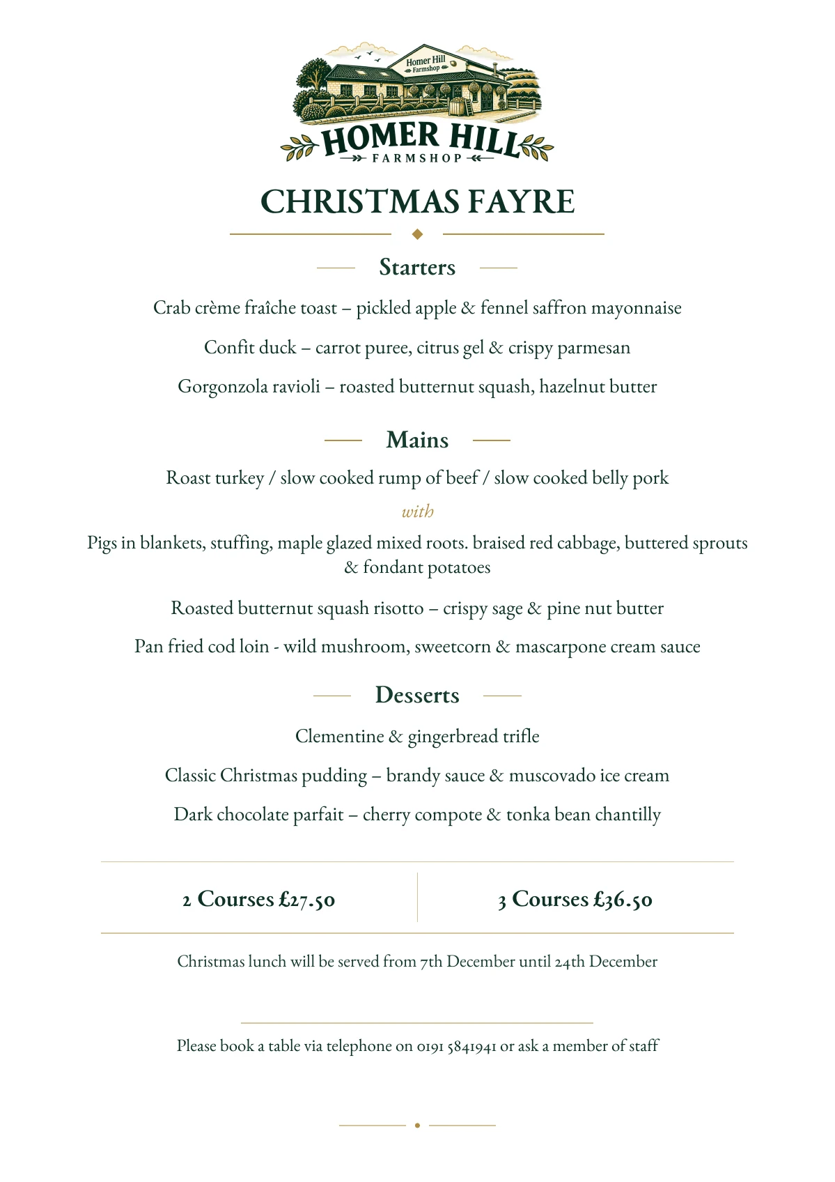 Homer Hill Christmas Fayre menu with starters, mains and desserts, served 7 to 24 December 2026. Two courses £27.50 or three courses £36.50.