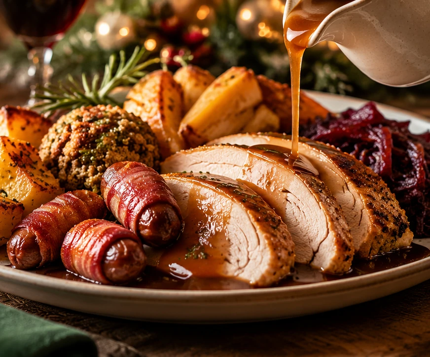 Christmas turkey roast dinner with roast potatoes, stuffing, pigs in blankets and gravy