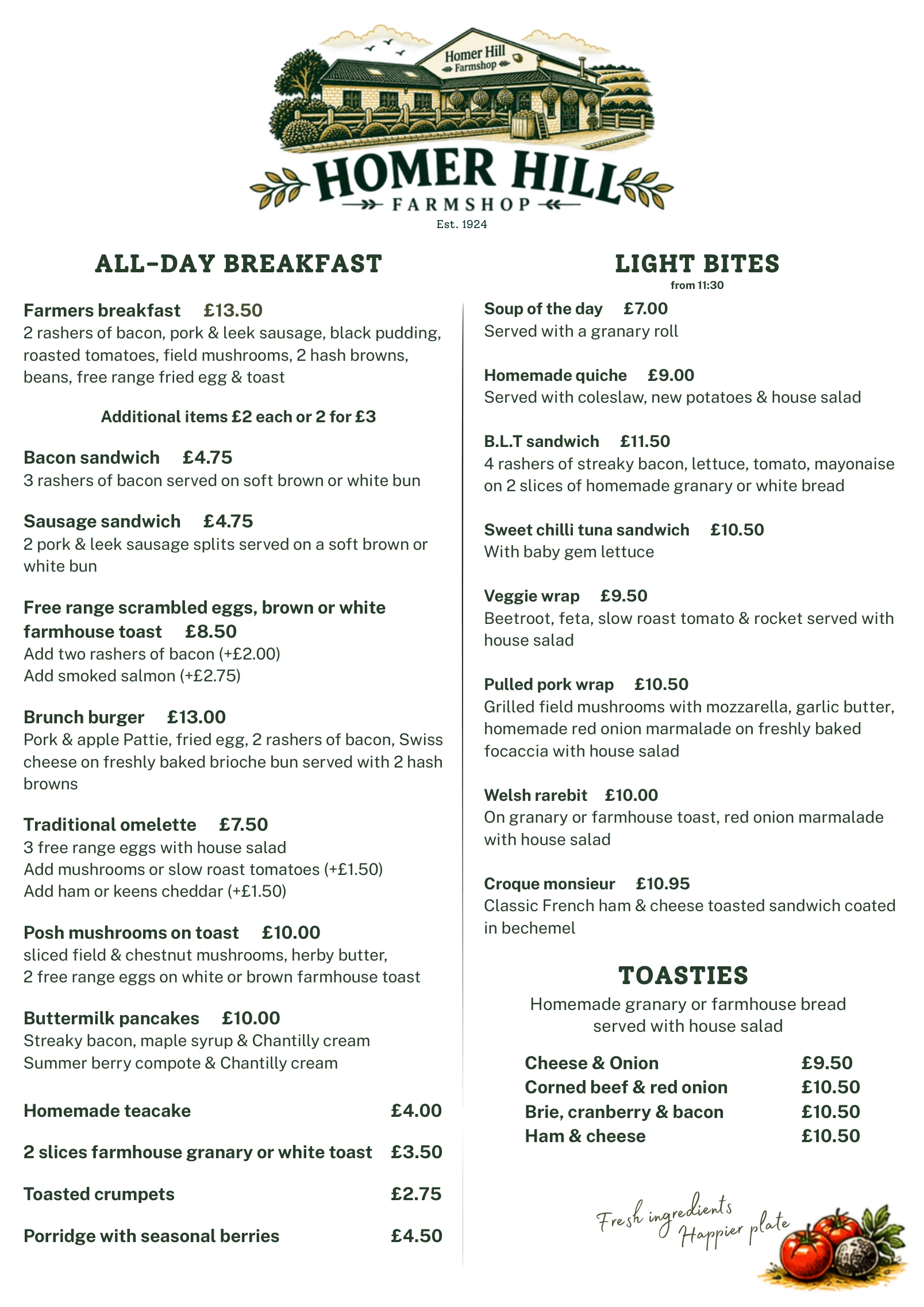 Preview of Homer Hill's main café menu