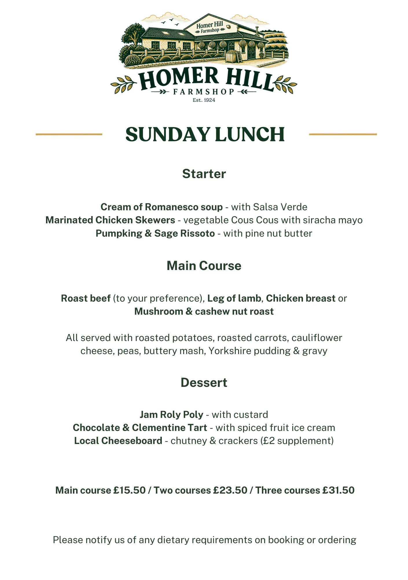 Illustrative Sunday lunch menu preview; please open Sunday Lunch for the current week’s menu